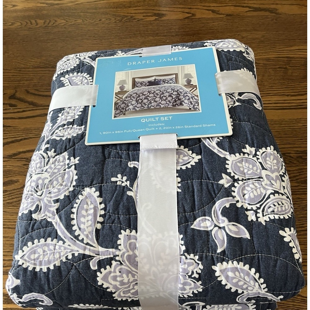 Draper James Full Queen Cotton Quilt Lessie Purple Navy White Paisley Floral New